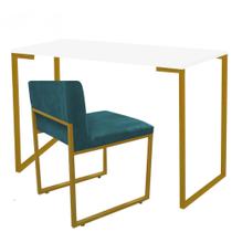 Kit Mesa Escrivaninha Stan e Cadeira Lee Industrial Escritório Tampo Branco Dourado Suede Azul Turquesa - Ahz Móveis
