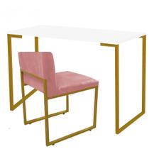 Kit Mesa Escrivaninha Stan e Cadeira Lee Industrial Escritório Tampo Branco Dourado Suede Rose Gold - Ahz Móveis