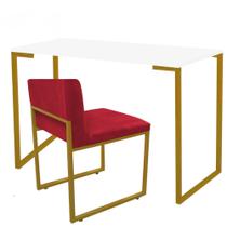Kit Mesa Escrivaninha Stan e Cadeira Lee Industrial Escritório Tampo Branco Dourado Suede Vermelho - Ahz Móveis