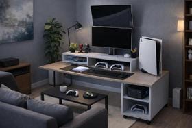 Kit Mesa Gamer Triplex com Suporte Monitor e Nicho com Rodízios Branco