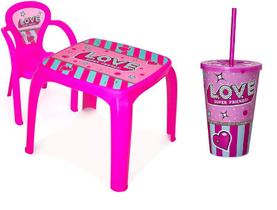 Kit mesa infantil com 1 cadeira e 1 copo love rosa menina - Usual Utilidades