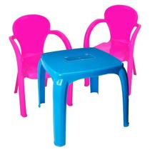 Kit mesa infantil com estojo azul + 2 cadeiras rosa usual