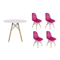 Kit Mesa Jantar Eiffel 120cm Branca + 04 Cadeiras Botonê Veludo - Rosa