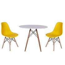kit Mesa Jantar Eiffel 80cm Branca + 2 Cadeiras Charles Eames - Amarela
