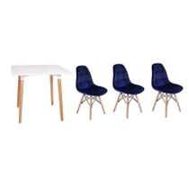 Kit Mesa Jantar Eiffel 80x80cm Branca + 03 Cadeiras Botonê Veludo - Azul Marinho