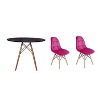 Kit Mesa Jantar Eiffel 90cm Preta + 02 Cadeiras Botonê Veludo - Rosa