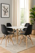 KIT Mesa Jantar Quadrada Eiffel Mdf Branco 90cm + 4 cadeiras Charles Eames Pretas