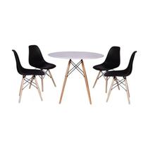 Kit Mesa Jantar Redonda Eiffel 80cm Branca Mdf + 4 cadeiras Charles Eames Pretas