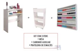 Kit Mesa Manicure 77 Cm + Expositor Prateleira Esmaltes + Carrinho