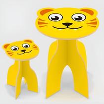 Kit mesa mesinha infantil com cadeira banco didatica em madeira mdf tigre tigrinho amarelo