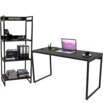 Kit Mesa Para Escritório com Estante 4 Prateleiras Industrial Form 135 cm Preto Onix - Lyam Decor