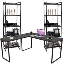 Kit Mesa Para Escritório Industrial em L com 2 Estantes com 5 Prateleiras Form Preto - Lyam Decor