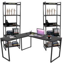 Kit Mesa Para Escritório Industrial em L com 2 Estantes com 5 Prateleiras Form Preto - Lyam Decor