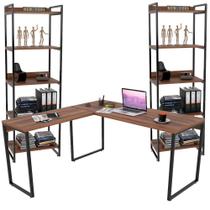 Kit Mesa Para Escritório Industrial L com 2 Estantes com 5 Prateleiras Form C01 Nogal - Lyam Decor Kit Mesa Para Escritório Industrial L com 2 Estantes com 5 Prateleiras Form C01 Nogal - Lyam Decor