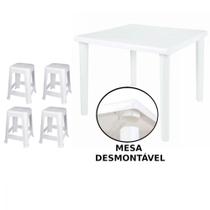 Kit Mesa Plastica Quadrada Desmontavel + 4 Banquetas Branca Mor e Lazer