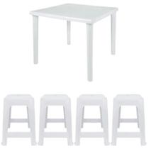 Kit Mesa Plastica Quadrada Desmontavel + 4 Banquetas Branca Mor