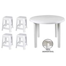 Kit Mesa Plastica Redonda Desmontavel 90cm + 4 Banquetas Branca Mor