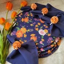 Kit mesa posta azul marinho crisantemo laranja com 16 pçs - Criarte Opções Mesa Posta