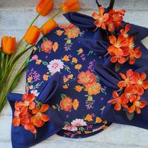 Kit mesa posta azul marinho flor laranja anel base 40pç