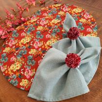 Kit mesa posta capa jogo americano tecido flor marsala 4 un