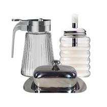 Kit Mesa Posta Com Açucareiro Bico Dosador Manteigueira Inox Porta Mel