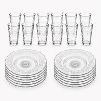 Kit Mesa Posta com Copos de Vidro Bolinha e Pratos Decorados em Relevo Kit Mesa Posta com Copos de Vidro Bolinha e Pratos Decorados em Relevo