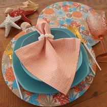 Kit mesa posta mar coral conchas tecido praia de 6 pçs