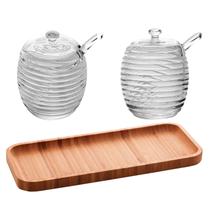 Kit Mesa Posta Meleira Açucareiro Colméia de Cristal + Bandeja da Bambu - Transparente