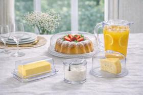 Kit mesa posta queijeira boleira açucareiro mantegueira jarra em acrilico café de manha kit:kit completo 5 peças