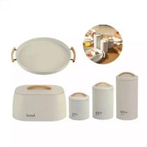 Kit Mesa Posta - Sense 3 Potes + Bamdeja E Porta Pão - Bege Kit Mesa Posta - Sense 3 Potes + Bamdeja E Porta Pão - Bege