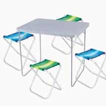 Kit Mesa Prática Cinza Dobrável + 4 Banquetas Camping MOR