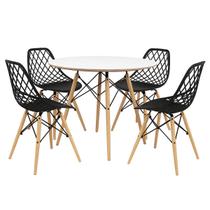 Kit Mesa Redonda Chanfrada Eames 110cm Branca com 4 Cadeiras Kaila DSW Preta - La Mobilia Kit Mesa Redonda Chanfrada Eames 110cm Branca com 4 Cadeiras Kaila DSW Preta - La Mobilia