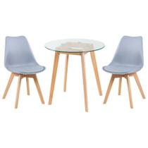 KIT - Mesa redonda com tampo de vidro 70 cm + 2 cadeiras Leda