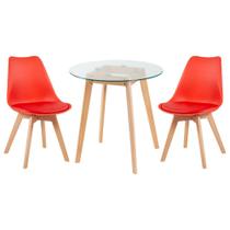 KIT - Mesa redonda com tampo de vidro 70 cm + 2 cadeiras Leda