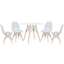 KIT - Mesa redonda Eames 100 cm branco + 4 cadeiras estofadas Eiffel Botonê