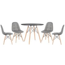 KIT - Mesa redonda Eames 90 cm preto + 4 cadeiras estofadas Eiffel Botonê
