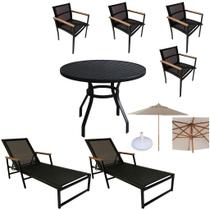 Kit Mesa Ripada 90cm 4 Cadeiras Perpétua, 2 Espreguiçadeiras e Guarda Sol 3,00m Kit Mesa Ripada 90cm 4 Cadeiras Perpétua, 2 Espreguiçadeiras e Guarda Sol 3,00m