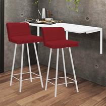 Kit Mesa Suspensa de Parede Fixa MDF Branco + 2 Banquetas Lexi Ferro Branco Sintético Vermelho - Ahazzo Móveis