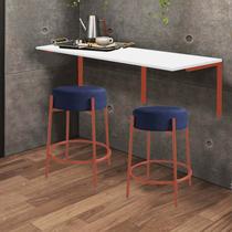 Kit Mesa Suspensa de Parede Fixa MDF Branco + 2 Banquetas Sintra Ferro Rose Gold Suede Azul Marinho - Ahazzo Móveis