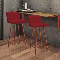 Kit Mesa Suspensa de Parede Fixa MDF Caramelo + 2 Banquetas Lexi Ferro Bronze Suede Vermelho - Ahazzo Móveis