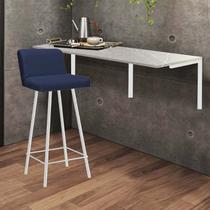 Kit Mesa Suspensa de Parede Fixa MDF Marmorizado + 1 Banqueta Lexi Ferro Branco Suede Azul Marinho - Ahazzo Móveis