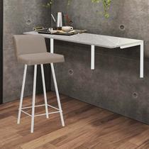 Kit Mesa Suspensa de Parede Fixa MDF Marmorizado + 1 Banqueta Lexi Ferro Branco Suede Bege - Ahazzo Móveis