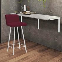 Kit Mesa Suspensa de Parede Fixa MDF Marmorizado + 1 Banqueta Lexi Ferro Branco Suede Bordô - Ahazzo Móveis