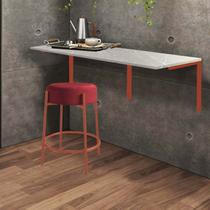 Kit Mesa Suspensa de Parede Fixa MDF Marmorizado + 1 Banqueta Sintra Ferro Bronze Sintético Vermelho - Ahazzo Móveis