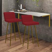 Kit Mesa Suspensa de Parede Fixa MDF Marmorizado + 2 Banquetas Lexi Ferro Dourado material sintético Vermelho - Ahazzo Móveis