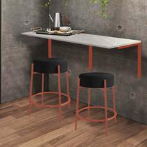 Kit Mesa Suspensa de Parede Fixa MDF Marmorizado + 2 Banquetas Sintra Ferro Rose Gold Sintético Preto - Ahazzo Móveis