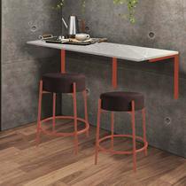 Kit Mesa Suspensa de Parede Fixa MDF Marmorizado + 2 Banquetas Sintra Ferro Rose Gold Suede Marrom - Ahazzo Móveis