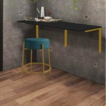 Kit Mesa Suspensa de Parede Fixa MDF Preto + 1 Banqueta Sintra Ferro Dourado Suede Azul Turquesa - Ahazzo Móveis