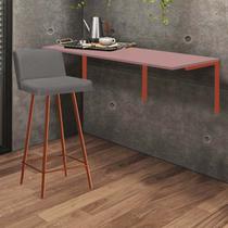 Kit Mesa Suspensa de Parede Fixa MDF Rosa + 1 Banqueta Lexi Ferro Bronze Suede Cinza - Ahazzo Móveis