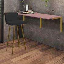 Kit Mesa Suspensa de Parede Fixa MDF Rosa + 1 Banqueta Lexi Ferro Dourado material sintético Preto - Ahazzo Móveis